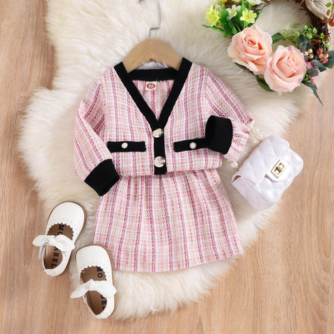 Charming Cotton Cardigan and Plaid  Skirt Set