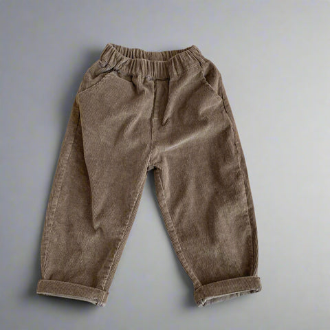 Brown corduroy pants on a light gray background