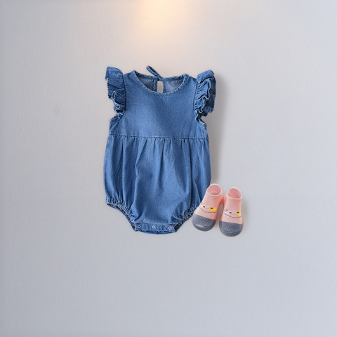 Collared Romper and Ruffle Romper Soft Denim Set