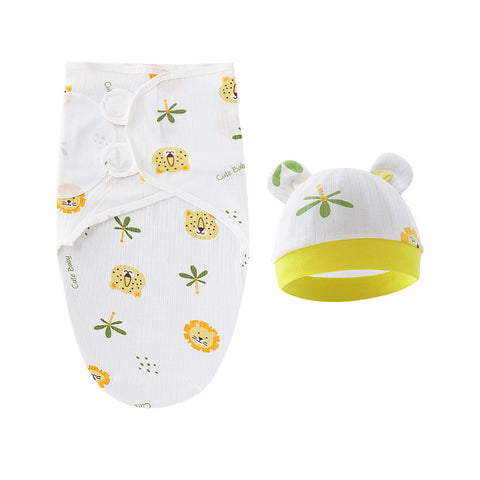Baby swaddle and hat set with lion print on a white background