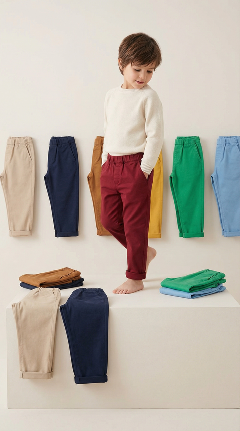 Child standing on a white surface with colorful pants displayed around them.