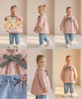 Collage of a young girl wearing a pink coat with a bow, standing against a plain background.