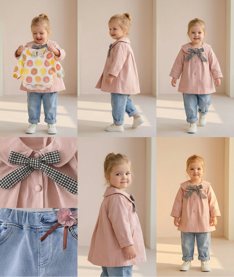 Collage of a young girl wearing a pink coat with a bow, standing against a plain background.