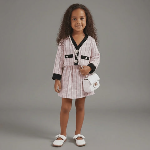 Charming Cotton Cardigan and Plaid  Skirt Set