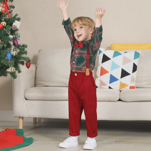 Stylish Cotton Plaid Shirt and Suspenders Pants Set