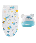 Baby swaddle and hat set with space-themed design on a white background