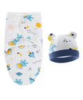 Baby swaddle and hat set with space-themed design on a white background